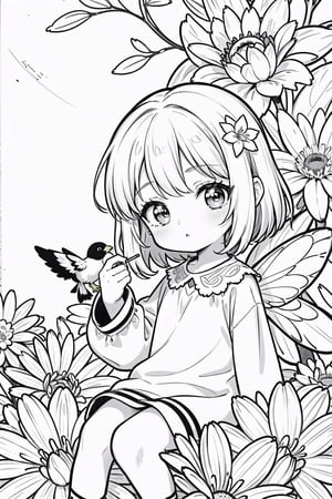 A whimsical forest fairy with delicate wings, surrounded by a colorful array of flowers and a playful little bird perched on her finger. black and white, line art, white background
(masterpiece, best quality, super detailed, high quality, resolution, highly detailed, textured skin), AGE REGRESSION, oversized clothes, cuteloli, CHILD,line anime,LINEART