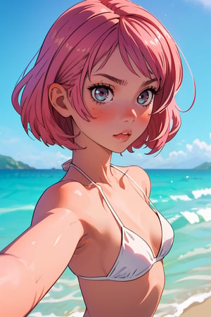 1 Girl, Pink Hair, Skinny, 18yo, short_hair, selfie, white bikini, small tits, small breast, pout
Beach, ocean, Blurred background,
Front view, pov camera, selfie