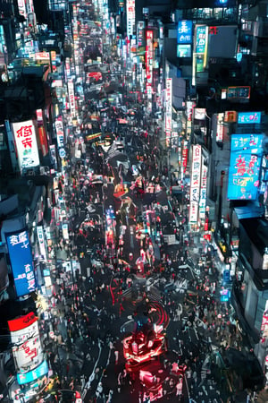 night city, top view ,Spirit Fox Pendant, people walking, realstic, neon light. high detail, high_resolution,make_3d,japan,Night view of Shibuya, Tokyo, scenery,traffic light