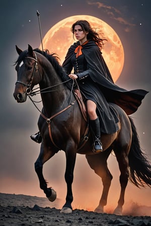 1 beautiful woman,  faded elegance, mournful atmosphere,  beauty, melancholy aura, hauntingly captivating, stark contrast, delicate decay, line art, backlighting, wind, backlighting, Stardust,(Wind:1.2) , black cloak, aAn archer riding a black horse with a bow on his back, Orange Blood
,Contained Color,anica_teddy,photo r3al