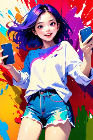 young girl, adolescent, energetic, joyous, selfie, taking selfie, phone camera app, outline, angle downwards, v shape hand pose, cute, adorable, sexy, suggestive outfit, paint splash background, vibrant paint, high contrast, abstract, volumetric light, high quality, detailed, masterpiece