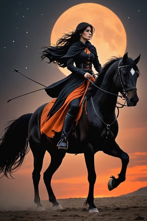 1 beautiful woman,  faded elegance, mournful atmosphere,  beauty, melancholy aura, hauntingly captivating, stark contrast, delicate decay, line art, backlighting, wind, backlighting, Stardust,(Wind:1.2) , black cloak, aAn archer riding a black horse with a bow on his back, Orange Blood
,Contained Color,anica_teddy,photo r3al