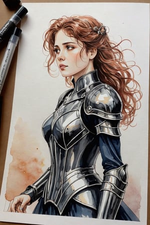 Rincivera, Cocelico, beautiful woman,  faded elegance,  melancholy aura, hauntingly captivating, stark contrast, delicate decay, line art, backlighting, wind, Stardust, watercolor, (Wind:1.2) , iron knight
,Contained Color,anica_teddy,lineart,LineAniAF,watercolor,ink