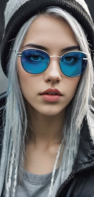 Cute female  cyberpunk hacker with blue colored glasses, in a jacket with a Beanie long grey hair half teeshirt ripped jeanscyberpunk 2077 poster art