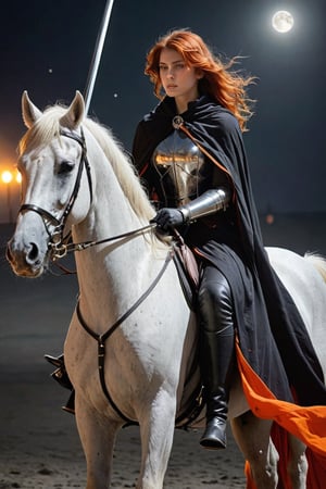 1 beautiful woman,  faded elegance, mournful atmosphere,  beauty, melancholy aura, hauntingly captivating, stark contrast, delicate decay, line art, backlighting, wind, backlighting, Stardust,(Wind:1.2) , black cloak, sword knight riding a white horse, Orange Blood
,Contained Color,anica_teddy