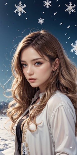 Split hair color, the wind, Flying snowflakes:1.3,  decorative, intricate details, Dufkova, 2D, lineart, watercolour, mascara, watercolour, hair of random color, super long hair, Wavy, 1girl,snowflakes,High detailed ,lisa,hk_girl,bg_imgs