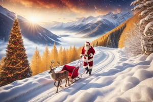 outdoor, snowy, mountain path, mountain path with heavy snow blowing, Santa Claus pulling a sleigh with deer sitting on it, (warm and bright color tones), (soft diffused lighting), masterpiece, top quality, detailmaster2, ral-chrcrts, christmas,skptheme