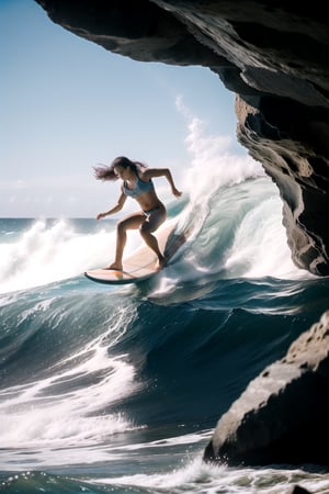 1 beauty girl, surfing, sea far from the coast, Surfingboard, Beautiful 22 year old woman riding a surfboard in high wavescentered, surfing dynamically, Sense of speed and urgency,photography, raw photo, cozy beach, huge waves, Waves curled up like a cave, Ride the board against the waves and come down with incredible speed, stable posture, Escape sideways from the wave cave, aesthetic vibe, ilumination, blue and pink color shade,  bokeh, depth of field, ,JeeSoo ,Sexy_attire ,SEE THROUGH,(((Rocks and land are not visible and only sea water is displayed on the screen1.9))), only sea water