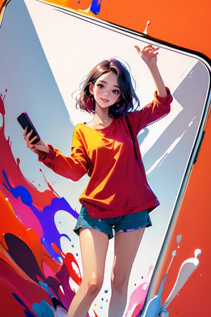 young girl, adolescent, energetic, joyous, selfie, taking selfie, phone camera app, outline, angle downwards, v shape hand pose, cute, adorable, sexy, suggestive outfit, paint splash background, vibrant paint, high contrast, abstract, volumetric light, high quality, detailed, masterpiece,girl,xxmix_girl