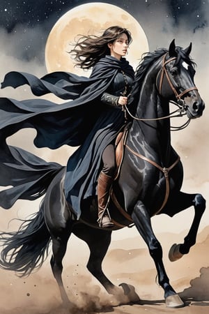 beautiful woman,  faded elegance,  melancholy aura, hauntingly captivating, stark contrast, delicate decay, line art, backlighting, wind, Stardust, watercolor, (Wind:1.2) ,lancer riding a black horse, black cloak, A posture of stabbing forward with a spear at one's side
,Contained Color,anica_teddy,lineart,LineAniAF,watercolor,ink