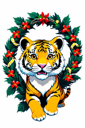 a tiger wearing Christmas wreath