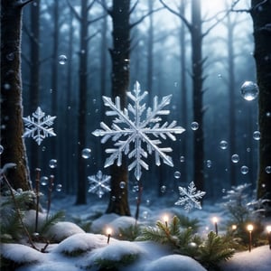 ((Extremely Realistic)) Raw shiny crystal snowflake bubbles in magical forest in night, photo, moviemaker style,cinematic  moviemaker style,FilmGirl,Japan,more detail XL