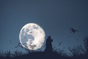 ((Silhouette:1.9)). it's too dark, ((A swordsman wearing a wide-brimmed hat and masked About 10 assassins:1.8, crescent moon, grass. Two swordsmen are fighting among the long grass in a meadow with a crescent moon as thin as an eyebrow on a very pitch-black night in all directions1.8)). ((A swordsman flies into the air, wraps his hands around the handle of his sword, and makes a 45-degree downward slash motion. Another swordsman is making an urgent move to block the sword of another swordsman coming down1.5)). jump up and slash the sword. About 10 Assassins surround them.
There is a bit of fog around, reflecting the blue light of the black crescent moon of the swordsman striking, showing even more urgency.
Silhouette, distant view, 8K, gloomy, solemn, urgent, scary, speed, birds flying away in surprise,Sketch