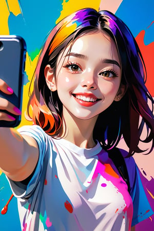 young girl, adolescent, energetic, joyous, selfie, taking selfie, phone camera app, outline, angle downwards, v shape hand pose, cute, adorable, sexy, suggestive outfit, paint splash background, vibrant paint, high contrast, abstract, volumetric light, high quality, detailed, masterpiece,girl,xxmix_girl