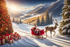 outdoor, snowy, mountain path, mountain path with heavy snow blowing, A deer sits on a sleigh full of gift boxes and Santa Claus  pulls the sleigh in front, Santa Claus pulling a sleigh with a deer sitting in front, (warm and bright color tones), (soft diffused lighting), masterpiece, top quality, detailmaster2, ral-chrcrts, christmas,skptheme