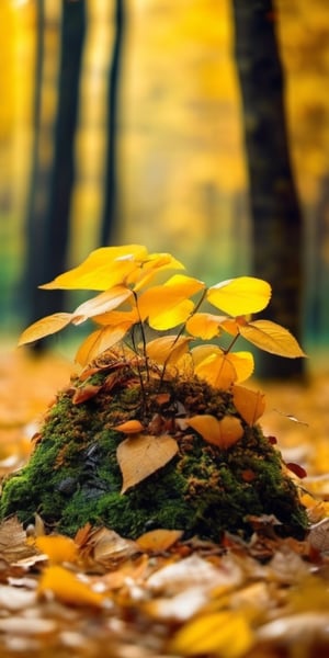 Strange flowers and plants, plants that do not belong to the earth, real, magical, exquisite, beautiful,xxmix_girl,A forest with irregularly dense birch trees,ultra realistic,yellow leaves,Fallen leaves with yellow autumn leaves piled up on the ground.
