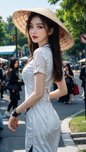 JinxLol,mature female,1girl, solo,looking at viewer, gloves, fingerless gloves, Ao Dai,Nón Lá, Nón, Leaf hats,
character name, looking at viewer, outdoors,lora:JinxLolEp8dim8:1, lora:JinxLol:1,Vietnamese Ao Dai, JeeSoo ,futureaodai,hat,vnbeauty,The background is Ho Chi Minh City's traveler's street.