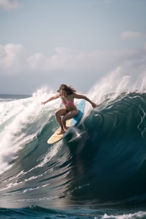1 beauty girl, surfing, Surfingboard, Beautiful 22 year old woman riding a surfboard in high wavescentered, photography, raw photo, cozy beach, huge waves, Waves curled up like a cave, Ride the board against the waves and come down with incredible speed, aesthetic vibe, ilumination, blue and pink color shade, | bokeh, depth of field, 