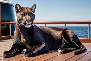 A black cougar wearing a harness is relaxing on the deck of a large power yacht with her front paws resting on her chin.
(((Perfectly black puma: 2.0))), 


best quality, masterpiece, photorealistic,  highres, Ultra-detailed, ultra-realistic, ultra-clear, very Distant view.,Ivi