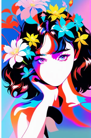 portrait, 1 girl, solo, short wavy hair, flowing neon, colored holographic floral background, holographic, iridescent, vaporwave, fluid, flowers, lying from the front point pose, high fashion, realistic,Flat vector art,xxmix_girl,kwon-nara-xl