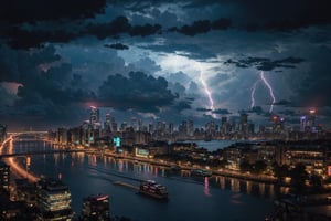 cyberpunk city, neon lights, buildings, scenery, cityscape, river, pedestrians, outdoor bars. Night scene, ultra realistic, highly detailed,black clouds,city silhouette,There is a lot of lightning everywhere in the city,10 lightning bolts,heavy rain