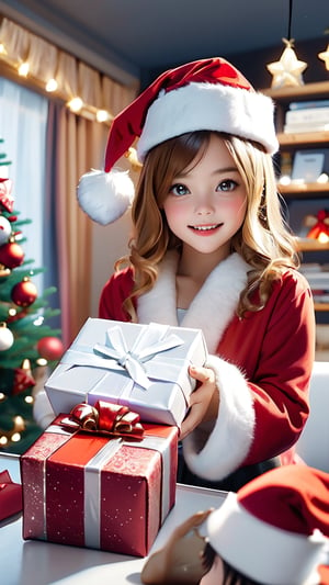 Embrace the festive spirit with this heartwarming prompt: "Illustrate a charming scene of a cute little girl adorned in a Christmas-style hat and dress, holding a gift with anticipation. Capture the innocence and joy in her eyes as she looks directly at the viewer, ready to present the gift. Encourage artists to bring to life the warmth and magic of the moment, creating a visually enchanting image that embodies the joy and generosity of the holiday season.,Santa Claus,Cyberpunk,Matrix,room2