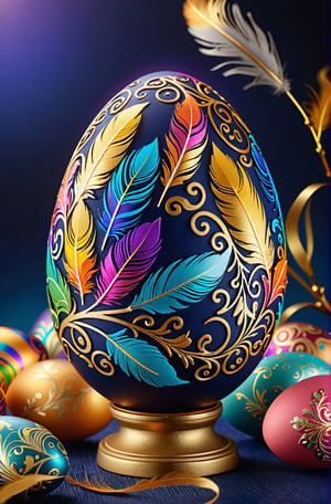 Easter eggs designed with arabesques and swirls using a harmonious mix of rainbow colors.
Golden branches and feathers cover the egg from the bottom as if to protect it.
The egg shines even brighter due to the intense lighting that illuminates the egg on a dark blue and golden background.

Ultra-clear, Ultra-detailed, ultra-realistic, ultra-close up