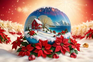 super fine illustration,masterpiece, best quality, finely detail, Depth of field, 4k, heavy snow christmas island in globe, heavy snow, red and white colors based, wallpaper,bluesky,wind,insanely detailed frills,extremely detailed lace,BLUE SKY,There are many scattered luminous petals,Hidden in the light yellow flowers,Depth of field, Many flying drops of water, angle ,contour deepening,cinematic angle ,{{{Classic decorative border}}},photo r3al,poinsettia,lofi,Hexagonal snow,free-hand