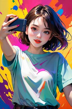 young girl, adolescent, energetic, joyous, selfie, taking selfie, phone camera app, outline, angle downwards, v shape hand pose, cute, adorable, sexy, suggestive outfit, paint splash background, vibrant paint, high contrast, abstract, volumetric light, high quality, detailed, masterpiece,girl,xxmix_girl