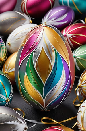 Easter eggs designed with honeysuckle and swirl patterns in a harmonious mix of rainbow colors,
Gold and silver threads are bundled together and wrapped from the bottom of the egg, as if protecting it, along with many white feathers.
The egg shines even brighter due to the intense lighting that illuminates the egg on a dark gray and golden background.

Ultra-clear, Ultra-detailed, ultra-realistic, ultra-close up