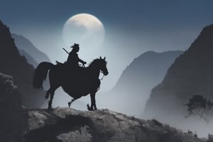 ((Silhouette:1.9)).1 horse, it's too dark, little light. crescent moon, grass. There is a bit of fog around, The background is a high waterfall, reflecting the blue light of the black crescent moon of the swordsman striking, showing even more urgency. You can see a waterfall hidden deep in a rocky mountain with an oriental atmosphere, and a cabin is built in front of it. A swordsman on horseback is lying down on his horse, looking tired, and heading toward the hut.
((Silhouette:1.9)), distant view, 8K, gloomy, solemn, urgent, scary, speed, birds flying away in surprise,Sketch,Storyboard