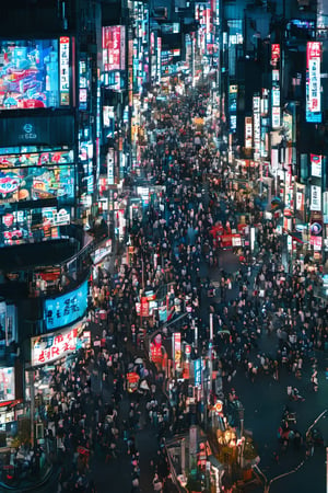 night city, top view ,Spirit Fox Pendant, people walking, realstic, neon light. high detail, high_resolution,make_3d,japan,Night view of Shibuya, Tokyo, scenery,traffic light, japan