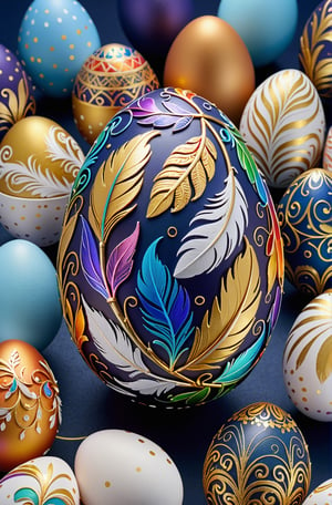 Easter eggs designed with arabesques and swirls using a harmonious mix of rainbow colors.
Numerous golden tiny twigs and many white feathers cover the egg from the bottom as if protecting it.
The egg shines even brighter due to the intense lighting that illuminates the egg on a dark blue and golden background.

Ultra-clear, Ultra-detailed, ultra-realistic, ultra-close up