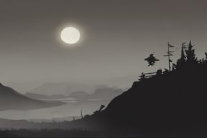 ((Silhouette:1.9)). it's too dark, little light. crescent moon, grass. There is a bit of fog around, The background is a high waterfall,  You can see a waterfall hidden deep in a rocky mountain with an oriental atmosphere, and a cabin is built in front of it. A swordsman on horseback is lying down on his horse, looking tired, and heading toward the hut.
((Silhouette:1.9)), distant view, 8K, gloomy, solemn, urgent, scary, speed, birds flying away in surprise,Sketch,Storyboard