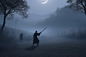 Silhouette. Two swordsmen, crescent moon, grass. Two swordsmen are fighting among the long grass in a meadow with a crescent moon as thin as an eyebrow on a dark night in all directions. ((One swordsman flies into the air and makes a downward motion with his sword at a 45 degree angle with both hands, while the other swordsman makes an urgent motion to block the other swordsman's sword as it comes down1.5)).
There is a bit of fog around, reflecting the blue light of the black crescent moon of the swordsman striking, showing even more urgency.
Silhouette, 8K, gloomy, solemn, urgent, scary, distant view