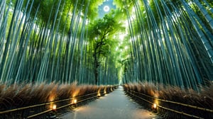 (best quality,masterpiece:1.2),super ultra detailed,(photo realistic:1.4),(at night:1.1),bamboo_grove_background,EpicArt,Nice legs and hot body,ultra sharpness,moon light,swampland,waterway and ferry