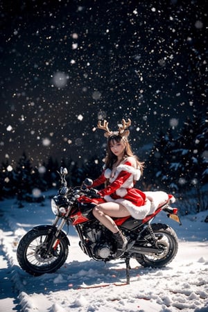 Outdoors, snowing, mountain road with blowing snow, beautiful girl in sexy christmas outfit, sitting on the back of a deer,Christmas gifts are scattered on the ground, ((looks at camera)), high resolution, highly detailed, looking at viewer, sexy appearance, posing for Photoshoot, girl, sexy christmas outfit, 1 girl, 1 Rudolph , reality, sntdrs, snowflakes, very sharp, heavy snow, Rudolph the deer with its horn cut off watches from the side of Santa Girl., christmas,realistic,ChristmasDecorativeStyle,Snow,Snowflakes