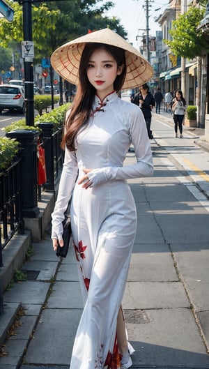 JinxLol,mature female,1girl, solo,looking at viewer, gloves, fingerless gloves, Ao Dai,Nón Lá, Nón, Leaf hats,
character name, looking at viewer, outdoors,lora:JinxLolEp8dim8:1, lora:JinxLol:1,Vietnamese Ao Dai, JeeSoo ,futureaodai,hat,vnbeauty,The background is Ho Chi Minh City's traveler's street.