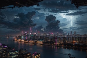 cyberpunk city, neon lights, buildings, scenery, cityscape, river, pedestrians, outdoor bars. Night scene, ultra realistic, highly detailed,black clouds,city silhouette,There is a lot of lightning everywhere in the city.