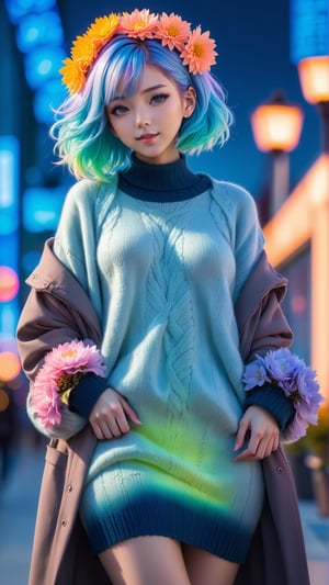 illustrator, anime , full body, realistic , sketch , 1girl, ,lip, Sweater,order, Blue gradient background, Neon hair,Textured crop, Canadian, (masterpiece,best quality) wearing wooly long dress and coat,  full body, flowers bloom and lighting bokeh as background