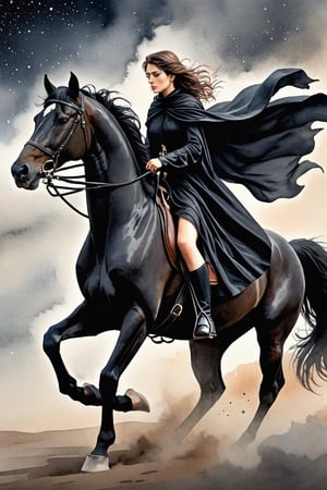 beautiful woman,  faded elegance,  melancholy aura, hauntingly captivating, stark contrast, delicate decay, line art, backlighting, wind, Stardust, watercolor, (Wind:1.2) ,lancer riding a black horse, black cloak
,Contained Color,anica_teddy,lineart,LineAniAF,watercolor,ink