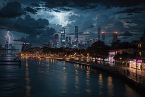 cyberpunk city, neon lights, buildings, scenery, cityscape, river, pedestrians, outdoor bars. Night scene, ultra realistic, highly detailed,black clouds,city silhouette,There is a lot of lightning everywhere in the city,heavy rain