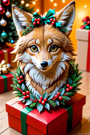 a coyote wearing Christmas wreath,Apoloniasxmasbox,xxmix_girl