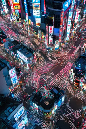 night city, top view ,Spirit Fox Pendant, people walking, realstic, neon light. high detail, high_resolution,make_3d,japan,Night view of Namba, Osaka, Osaka, scenery,traffic light, japan,DonMR0s30rd3rXL ,Pedestrian Signals,rose