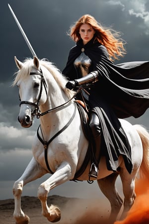 1 beautiful woman,  faded elegance, mournful atmosphere,  beauty, melancholy aura, hauntingly captivating, stark contrast, delicate decay, line art, backlighting, wind, backlighting, Stardust,(Wind:1.2) , black cloak, sword knight riding a white horse, Orange Blood
,Contained Color,anica_teddy,photo r3al
