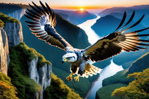 (masterpiece:1.2, highest quality), (realistic, photo_realistic:1.9), ((Photoshoot)), A harpy eagle leisurely flying through a valley made of beautiful cliffs. A view from above of a flying harpy eagle, Menacing feet wide open as if hunting prey,
2 harpy eagle flying, attacking a mouse, (detailed background), (gradients), detailed colorful landscape, key visual, glowing skin.
beautiful and forest, stunning trees and flowers, stunning sunset. Medium shot. action camera. Portrait film. standard lens Golden hour lighting. Distant view
8k, UHD, high quality, frowning, intricate detailed, highly detailed, hyper-realistic,(Circle:1.4),cyborg style