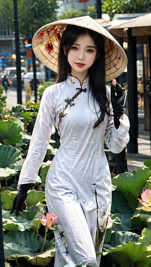 JinxLol,mature female,1girl, solo,looking at viewer, gloves, fingerless gloves, Ao Dai,Nón Lá, Nón, Leaf hats,
character name, looking at viewer, outdoors,lora:JinxLolEp8dim8:1, lora:JinxLol:1,Vietnamese Ao Dai, JeeSoo ,JeeSoo ,futureaodai,hat