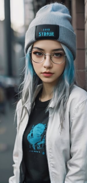 Cute female  cyberpunk hacker with blue colored glasses, in a jacket with a Beanie long grey hair half teeshirt ripped jeanscyberpunk 2077 poster art