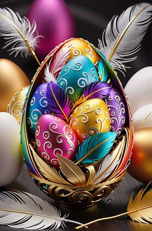 Easter eggs designed with arabesques and swirls using a harmonious mix of rainbow colors.
A pile of tiny golden twigs and many white feathers cover the egg from the bottom as if protecting it.
The egg shines even brighter due to the intense lighting that illuminates the egg on a dark plnk and golden background.

Ultra-clear, Ultra-detailed, ultra-realistic, ultra-close up