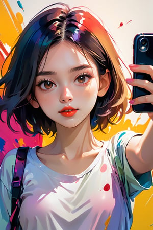 young girl, adolescent, energetic, joyous, selfie, taking selfie, phone camera app, outline, angle downwards, v shape hand pose, cute, adorable, sexy, suggestive outfit, paint splash background, vibrant paint, high contrast, abstract, volumetric light, high quality, detailed, masterpiece,girl,xxmix_girl